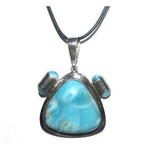 Rare High Quality Aqua Blue Larimar Stone Sterling Silver Pendant Cord Necklace